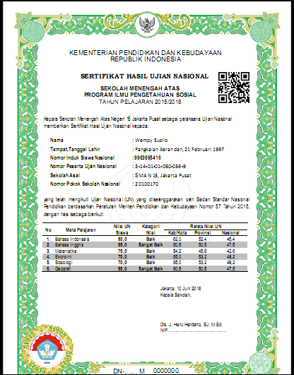 Contoh Sertifikat Hasil Ujian Nasional SMA Tahun 2016 ~ Oase Pembelajaran