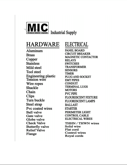 MIC INDUSTRIAL SUPPLY CEBU Product List