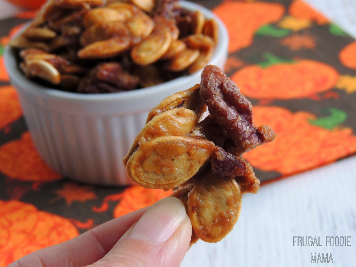 Cookie Butter Candied Pumpkin Seeds and Pecans via thefrugalfoodiemama.com - crunchy, sweet & salty!