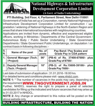 Applications are invited for GM and DGM Posts in NHIDCL (WWW.TNGOVERNMENTJOBS.IN)