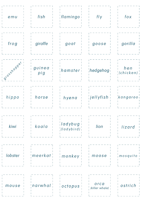 Animals vocabulary card for bingo game - part 2