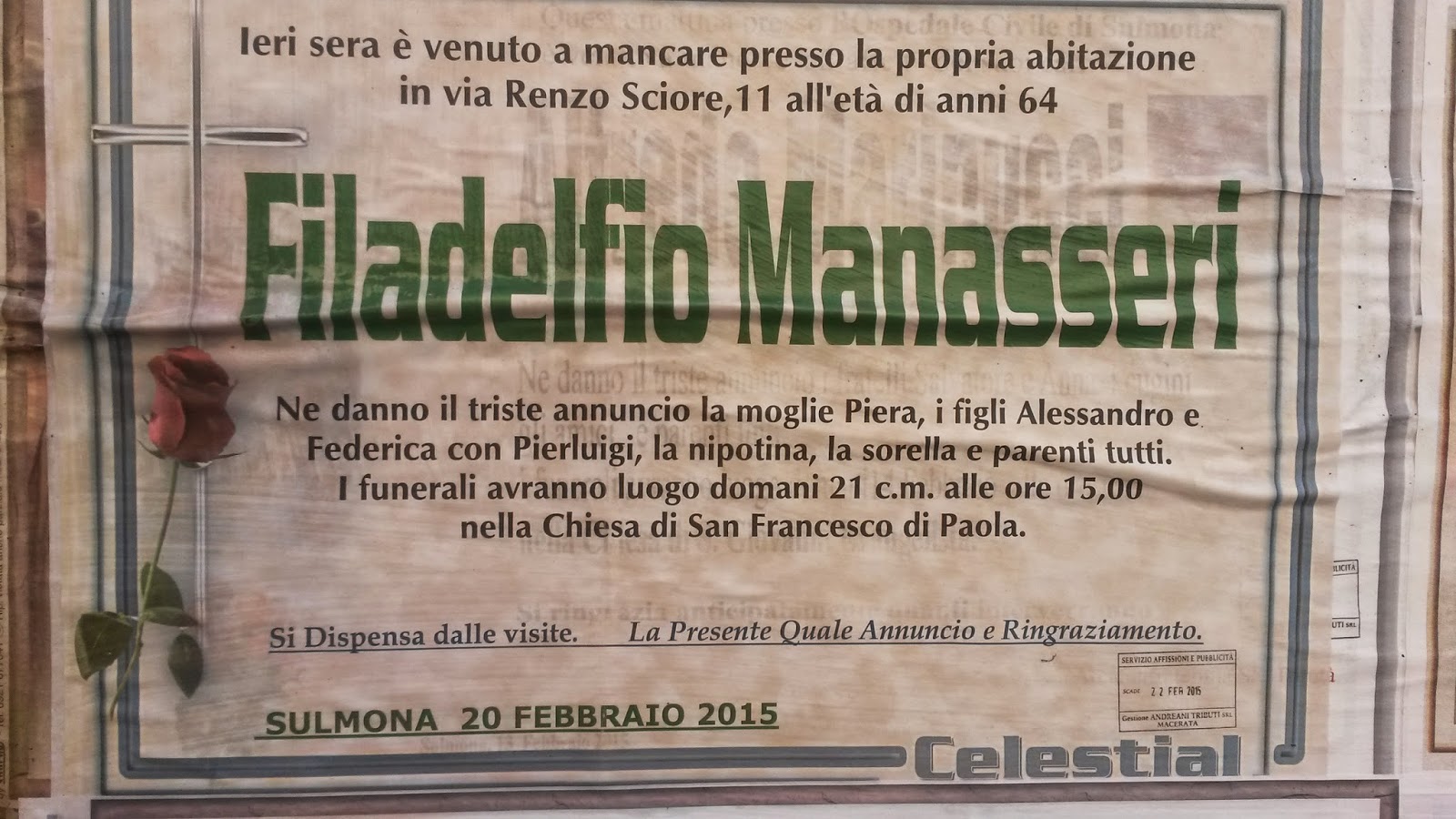 CENTROABRUZZONEWS SULMONA IN LUTTO, E' MORTO FILADELFIO MANASSERI