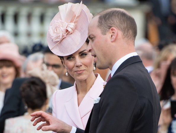 Kate Middleton wore a bespoke soft pink coatdress by Alexander McQueen. Loeffler Randall clutch. Countess of Wessex