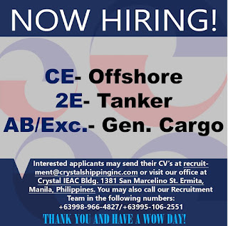SEAMAN JOB INFO - Updated hiring Filipino seaman crew for general cargo, oil tanker, offshore vessel joining onboard December 2018 - January 2019.