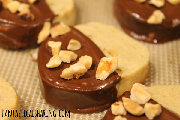 Slice 'N Bake Hazelnut Cookies // Delicious slice and bake hazelnut shortbread cookies dipped in chocolate and topped with more hazelnuts! #FantasticalFoodFight #cookies #hazelnut #dessert