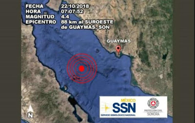 Ocurre sismo de 4.4 grados al Suroeste de Guaymas
