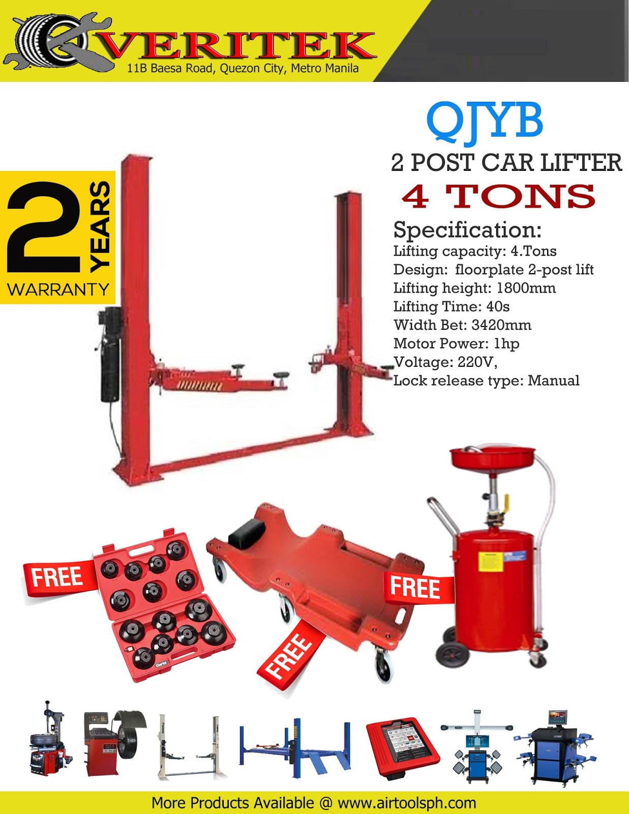 Veritek QJYB 2 Post Car Lifter Philippine Automotive