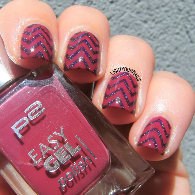 Purple and blue holographic chevrons nail art