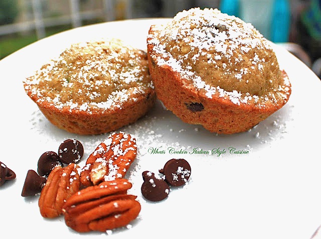 these are muffins made with shredded zucchini with chocolate chips and pecans. They are a dessert muffins or snack with a great crown on top and makes a large of amount to zucchini muffins. These muffins are sweet and the chocolate and cinnamon flavors compliment the zucchini. The instructions on how to make zucchini Chocolate chip muffins is very simple