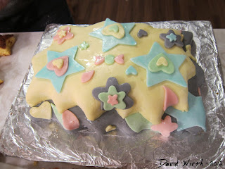 finished fondant cake, colors, shapes, hearts, stars, kit, box