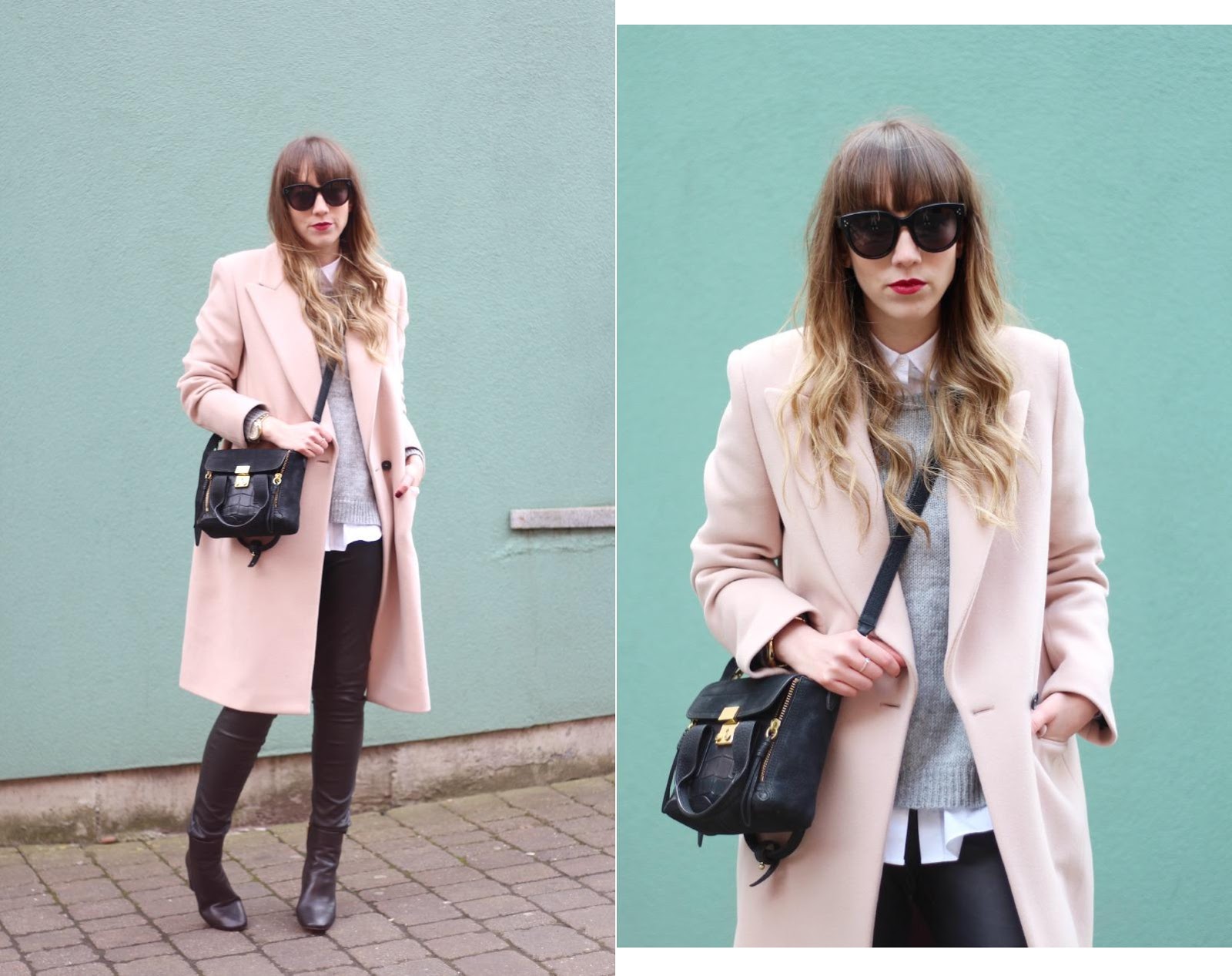 cedric charlier pink coat topshop magnum boots celine audrey sunglasses phillip lim pashli mini black