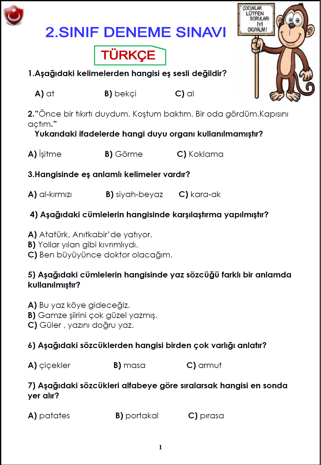 2. Sınıf Türkçe-Matematik-Hayat Bilgisi Deneme Sınavı - ridkes.blogspot.com