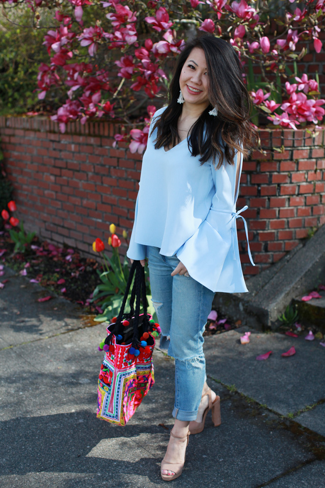 Spring outfit ideas - Bell Sleeves Tie top Spring outfit ideas - Bell Sleeves Tie top + Tassel earrings + Embroidered Tote Bag