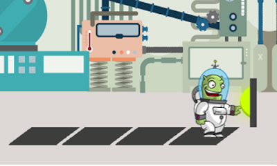 Alien toca el botón, uno de los desafíos de Pilas Bloques. desafíos de pilas bloques