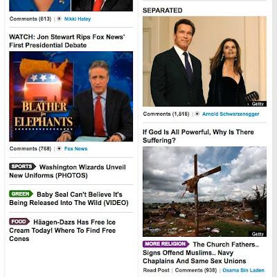 HuffPo page with headline If God is all powerful, why is there suffering? near headlines about celebritiesm baby seal videos and Haagen Dazs free ice cream