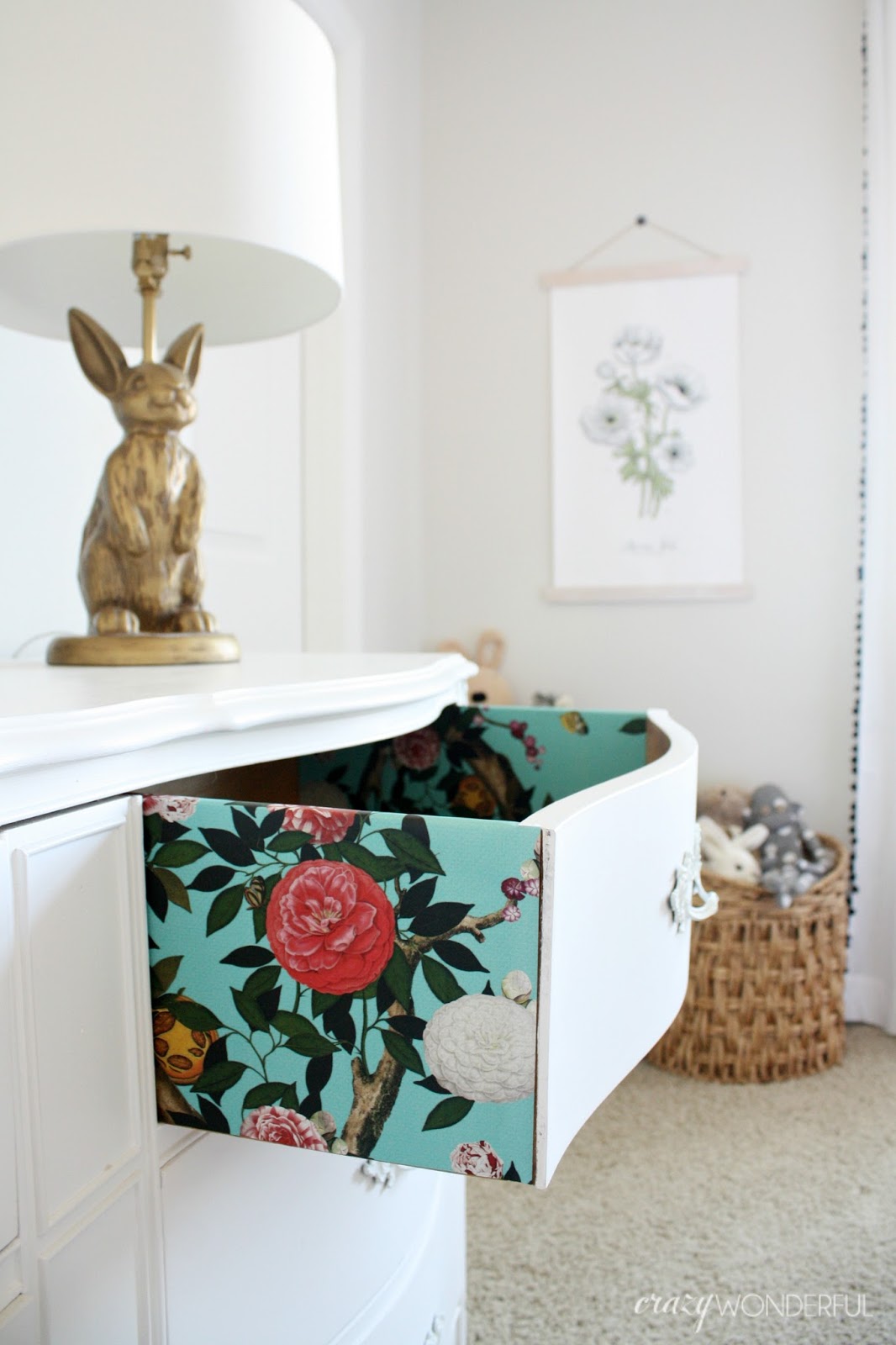 wallpapered dresser drawers with Milton & King Crazy Wonderful