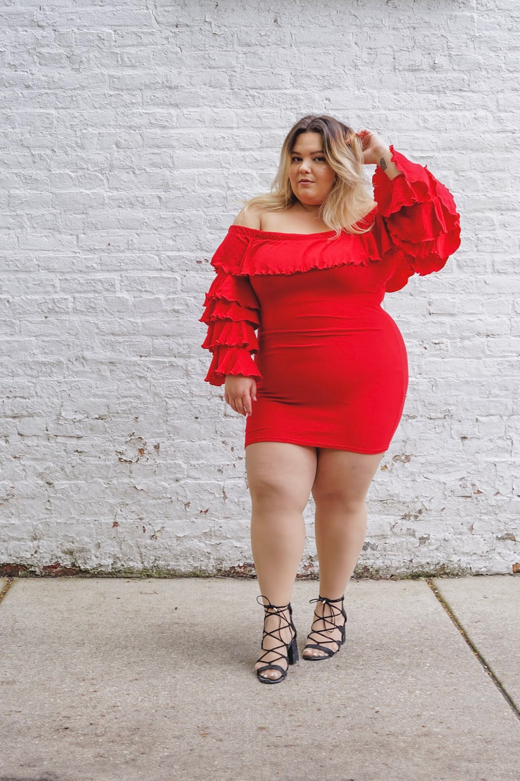 natalie Craig, natalie in the city, plus size fashion, Chicago fashion, plus size fashion blogger, eff your beauty standards, fatshion, skorch magazine, Chicago model, plus size model, plus size petite, affordable plus size clothing, embrace your curves, plus model magazine, petite plus size, fashion nova curve, fashion nova, off the shoulder dress, red dress, ruffle dress
