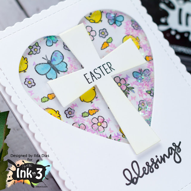 Simple Easter Shaker Card Using Small Stamps to Create a Background for Ink On 3 by ilovedoingallthingscrafty.com