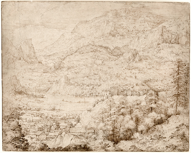 Mountain landscape with a river village and castle