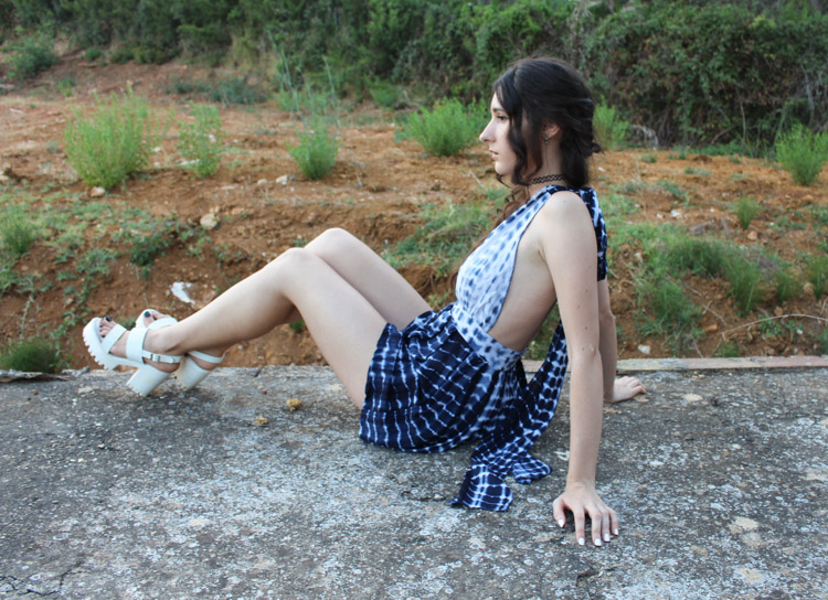 Blue Deep V Neck Backless Playsuit