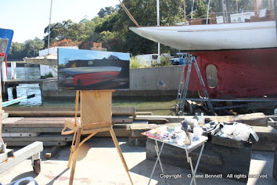 Plein air painting of the heritage schooner from the Sydney Heritage Fleet Boomerang on the slipway at Noakes Shipyard at Berry's Bay painted by industrial heritage artist Jane Bennett