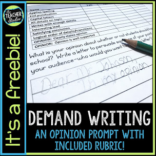 Teaching writing is never easy...but demand prompts can help you see exactly what your students are doing well and need help with.  Check out this post with a freebie to help you with writing assessment. Writing freebie, demand writing, writing prompts, opinion writing, teaching opinion writing, assessing writing, writing lessons
