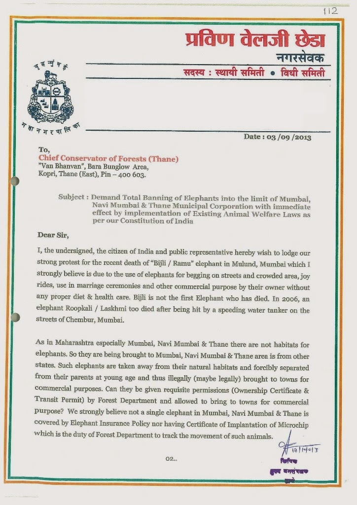 SAVE JUMBO Shri. Pravin V. Chheda (Municipal Councilor) Letter to Chief Conservator of Forests