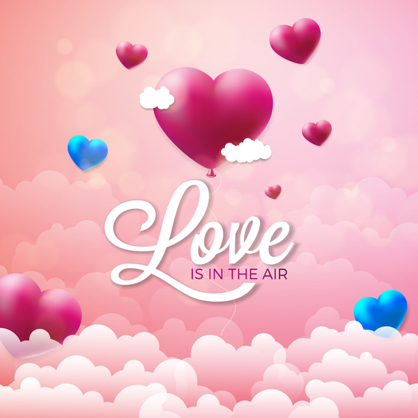Valentine Heart shape balloon with valentine background and cloud free vector download