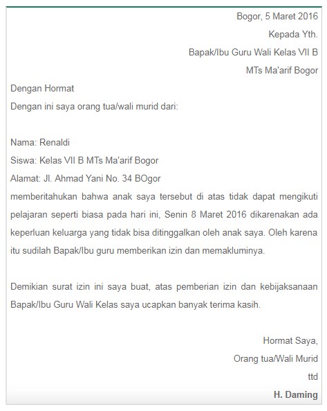 Contoh Surat Sakit Ke Sekolah
