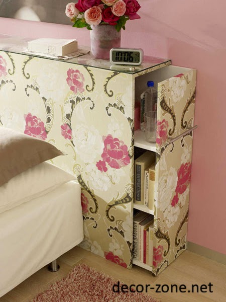 bedroom storage ideas - walnut bed headboard