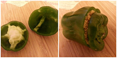 One sliced, deseeded pepper, and one stuffed with couscous