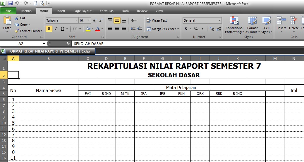 FORMAT REKAP NILAI RAPORT KELAS 6 SD SEMESTER GANJIL 2016