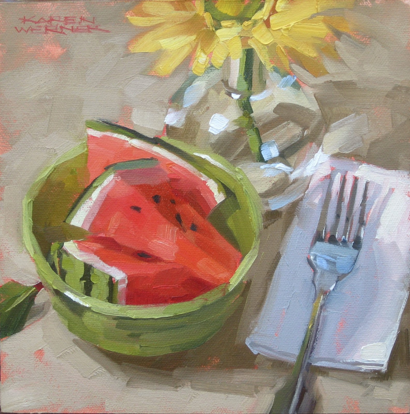 Karen Werner Fine Art Watermelon Wedges a still life painting in oil