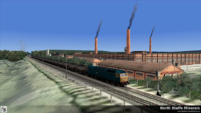 Fastline Simulation - North Staffs Minerals: A Class 47 hauled southbound MGR from Trentham Colliery passes Josiah Wedgewoods works.