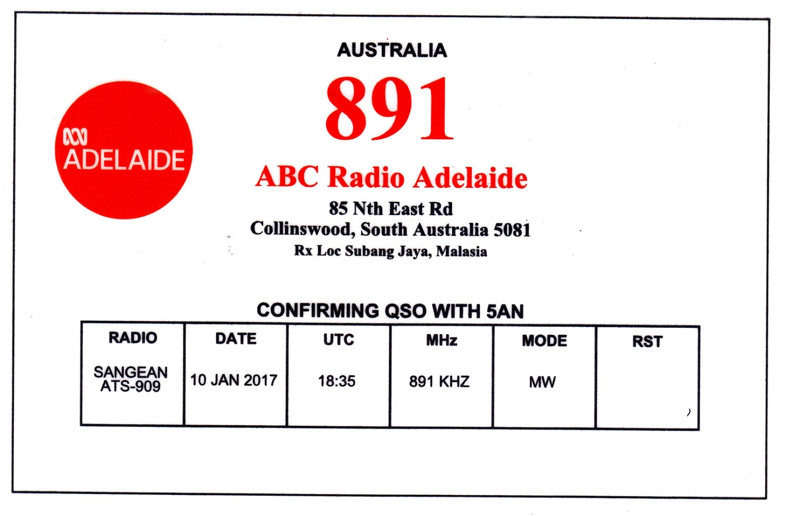 SOUTH EAST ASIA DXING ABC Adelaide (Station 5AN)