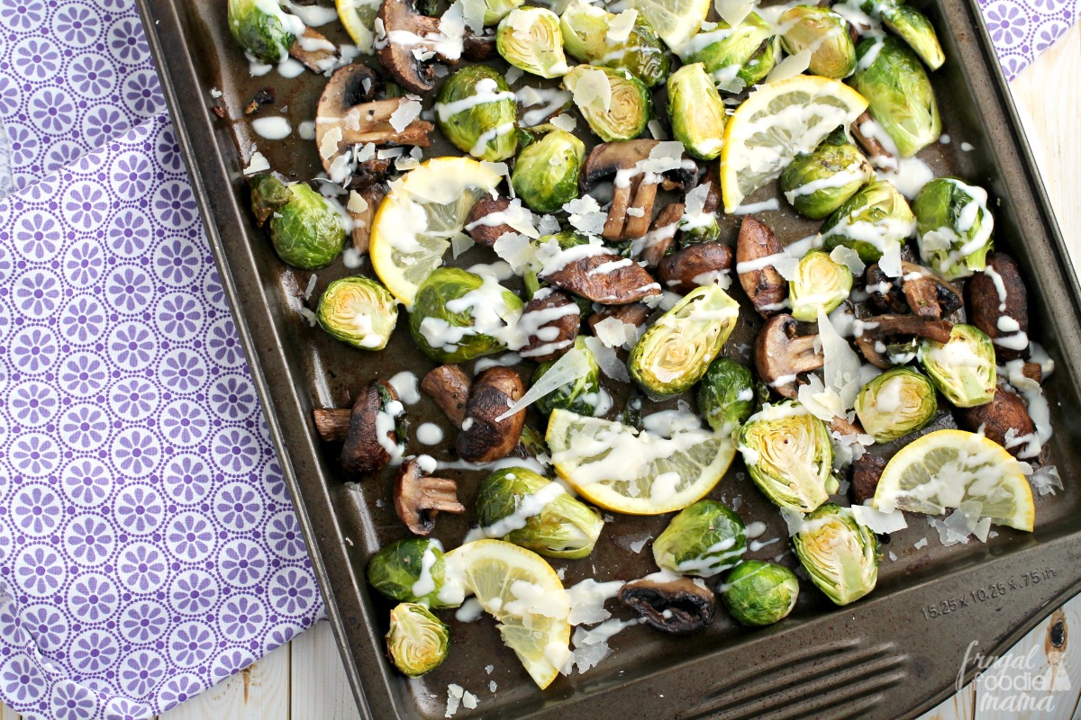 Frugal Foodie Mama Garlic Parmesan Roasted Brussels Sprouts & Mushrooms