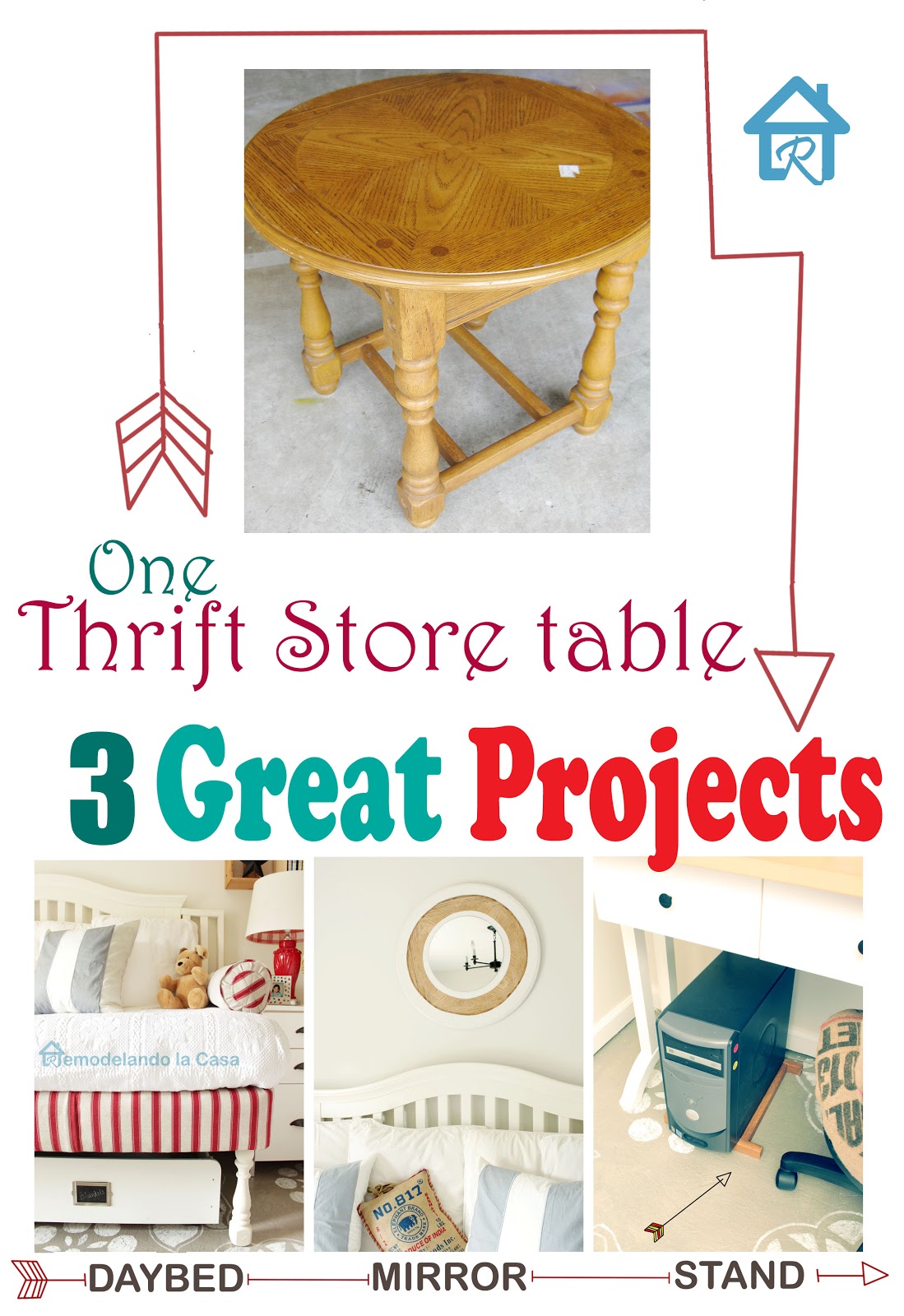 one side table is repurposed in three ways, mirror, daybed legs and shelf