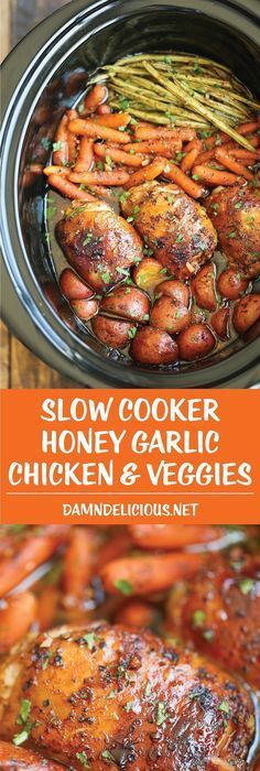 Easy Slow Cooker Honey Garlic Chicken And Veggies Recipe | The easiest one pot recipe ever. Simply throw everything in and that’s it! No cooking, no sauteeing. SO EASY! | #slowcooker #crockpot #chicken #vegan
