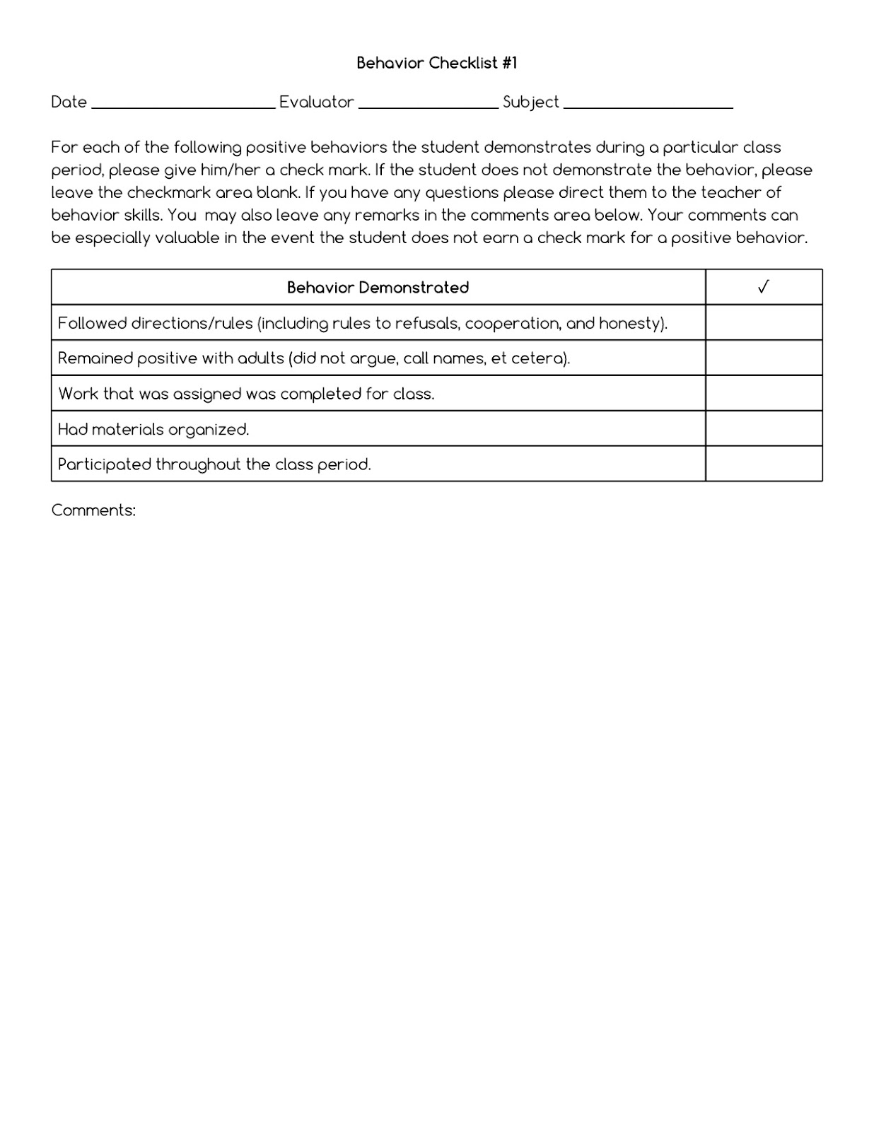 SpEd Head: Behavior Checklist #1 and #2
