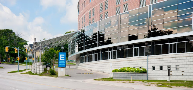 The new entrance to the emergency department at Orillia Soldiers Memorial Hospital; this is accessed from Colborne Street now, while the old entrance was on the opposite side of the hospital on Mississaga Street