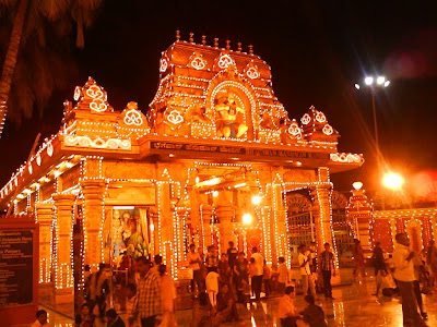 Hanuman Mandir Kudroli is illuminated with colorful lights during Dasara