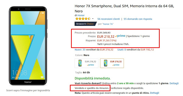 Honor 7X disponibile a 218 euro venduto e spedito da Amazon [Best Buy]