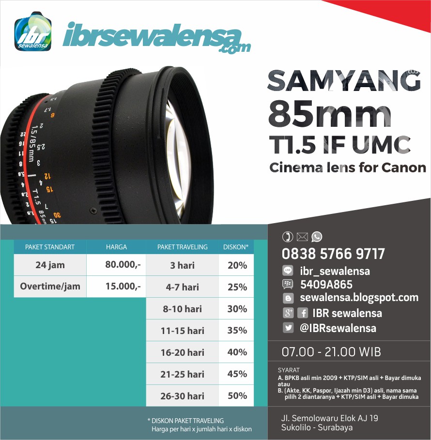 Samyang/Rokinon 85mm T1.5 IF UMC II VDSLR Cinema Lens for Canon Harga Sewa Rental Lensa Kamera