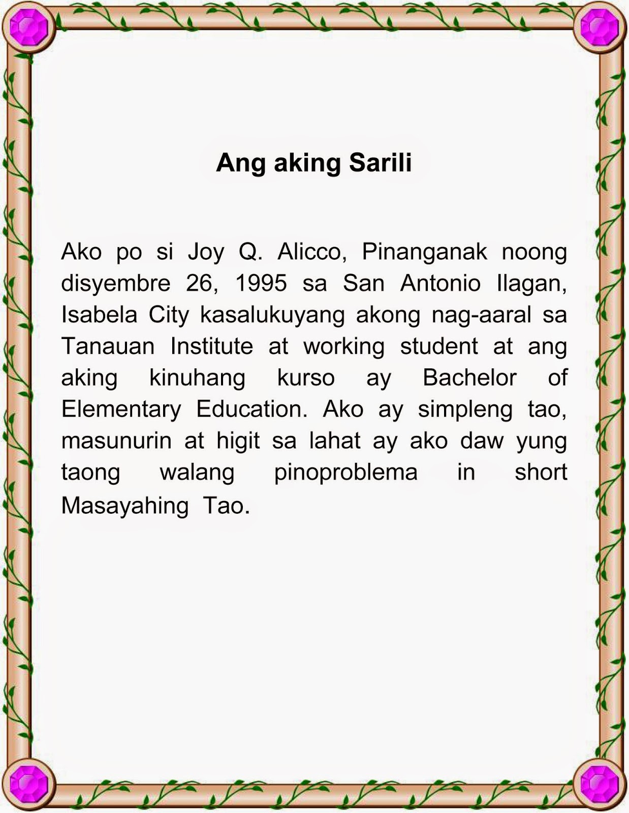 Halimbawa Ng Sanaysay Tungkol Sa Aking Sarili Sakahala - Gambaran