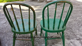 Eclectic Red Barn: Chippy green children's chairs from the back