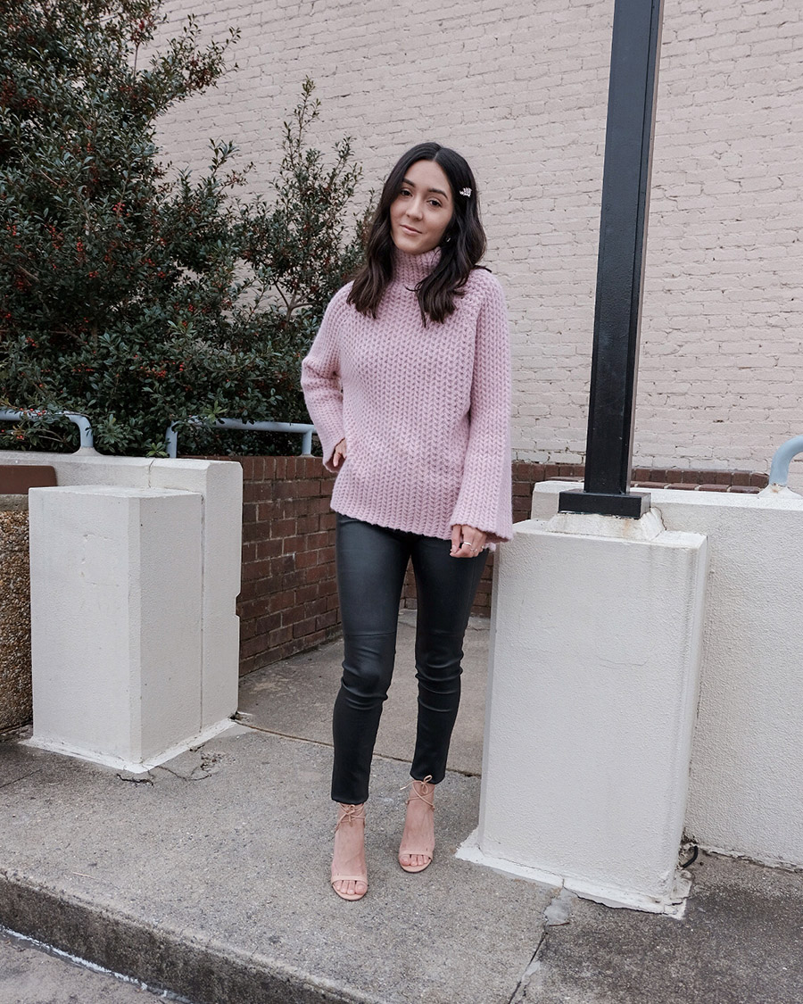 leather pants and sweater outfit