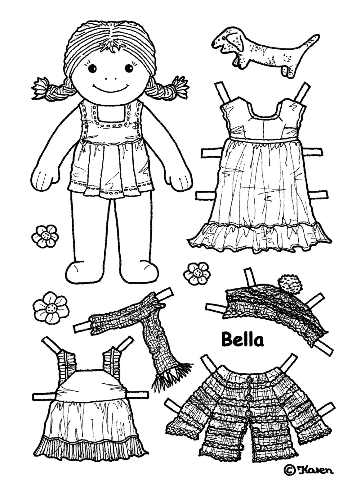 Karen`s Paper Dolls: Bella 1-5 Paper Doll to Print and 1-5 påklædningsdukke til at printe og farvelægge.