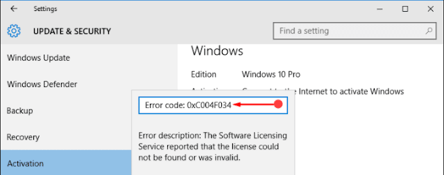 0xc004f034 Activation Error in Windows 10