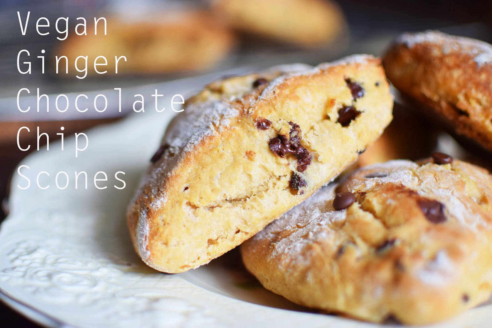 Vegan Ginger Chocolate Chip Scones - with a warming hint of ginger and a handful of delicious, gooey chocolate chips. #vegan #ginger #scones