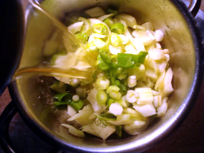 Fennel and potato soup by Laka kuharica: add fennel, scallions, and 1 cup of the stock.
